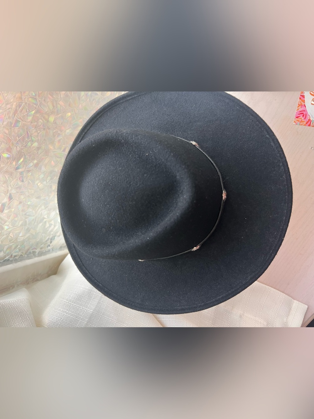 Women’s Black Felt Wide-Brim Hat with Decorative Band